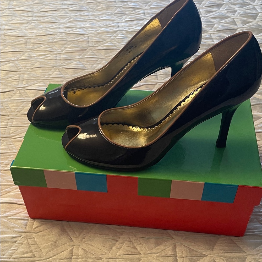 Charles David Glossy Black Peep-Toe Heels